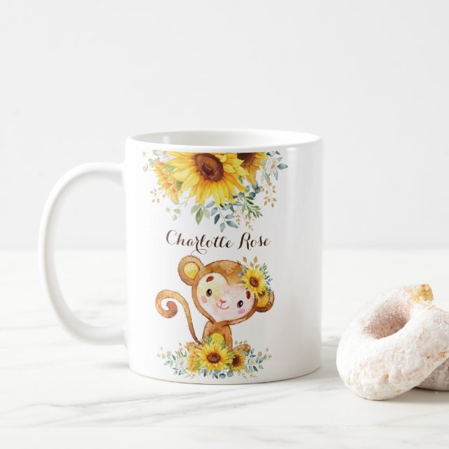 Mug Bébé de singe Boho Fleurs de soleil aquarelles (Avec donut)