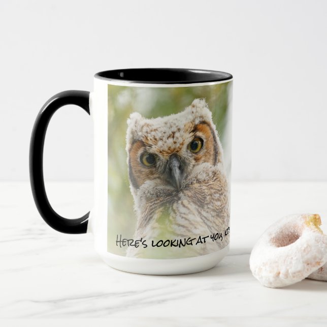 Mug Bébé drôle Chouette Jaune yeux qui vous regarde (Avec donut)