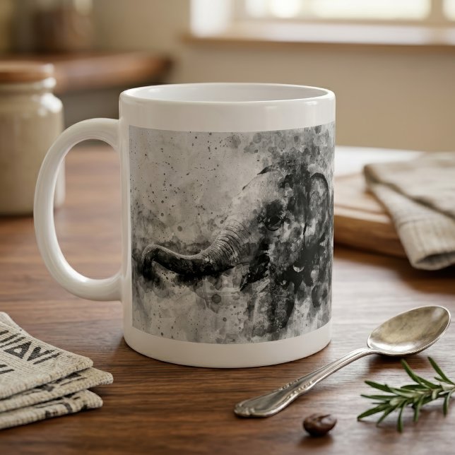 Mug Bébé éléphant mignon en noir et blanc, art à l'aqu (Cute Baby Elephant Black and White Watercolor Art. Coffee Mug)