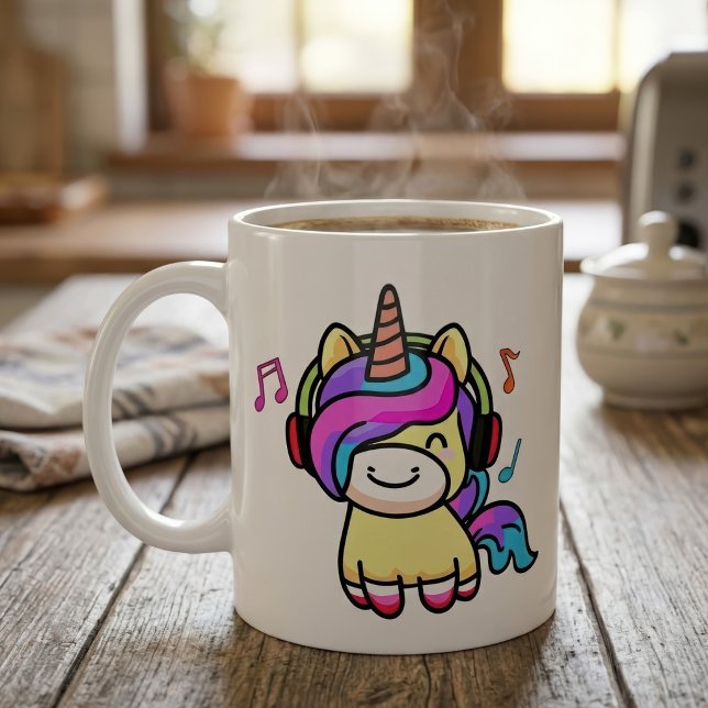 Mug Bébé licorne mignonne et heureuse Kawaii avec casq (Cute Happy Kawaii Baby Unicorn with Headphones. Coffee Mug)