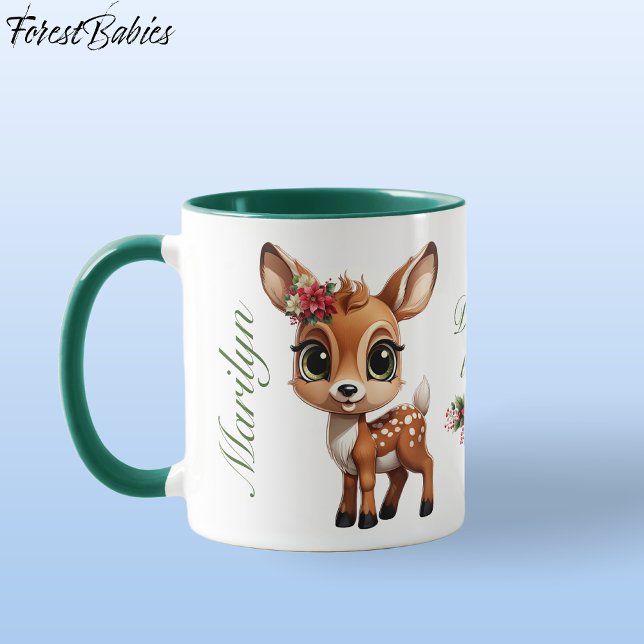 Mug Bébé mignon cerf, Doe 🦌 🎄 cerf aimé (Cute Baby Deer, Floral Fawn, Doe Lover 🦌 Poinsettia Flowers Green Deer-ly Loved ForestBabies  Mug)