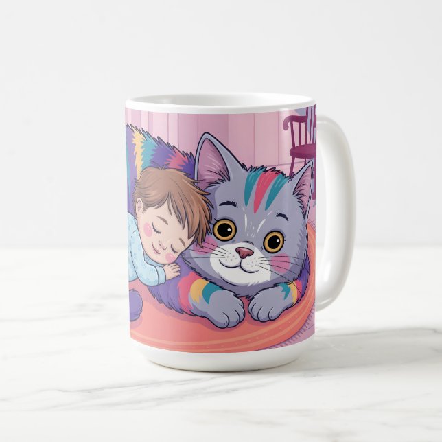 Mug Bébé mignon dormant sur un énorme chat duveteux ar (Devant droit)