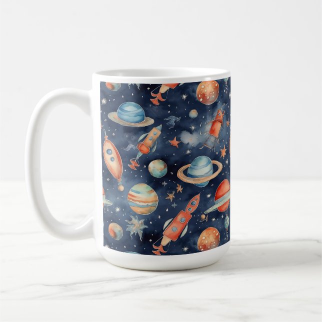 Mug Bébé mignon Espace Planète Aquarelle Bleu Orange (Gauche)