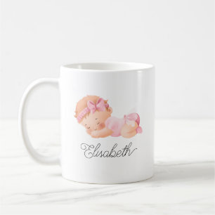 Mug Bébé mignon fille dormant rose Nom personnalisé
