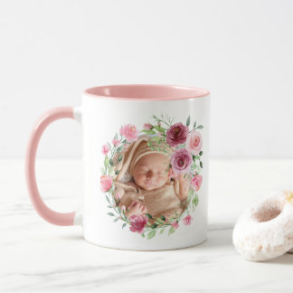 Mug Bébé Photo Fleurs roses Aquarelle Nom Floral