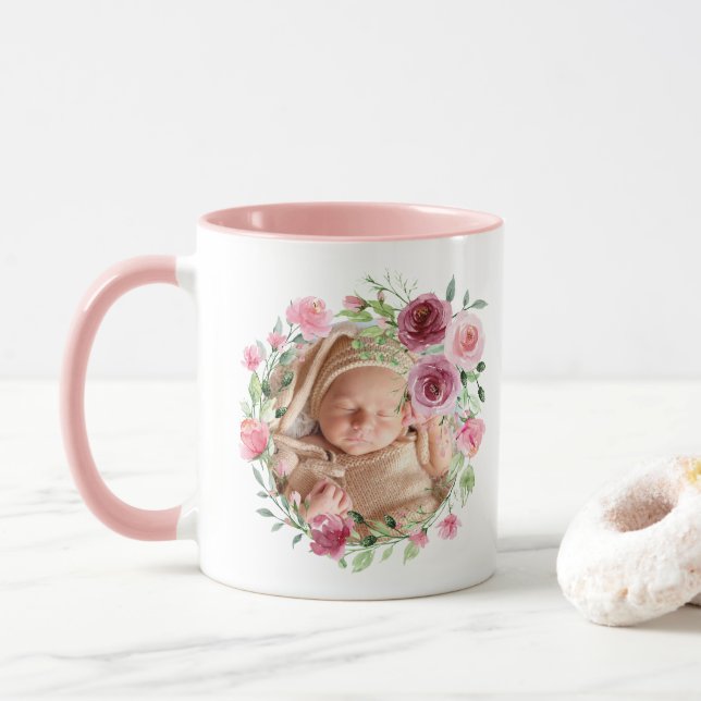 Mug Bébé Photo Fleurs roses Aquarelle Nom Floral (Avec donut)
