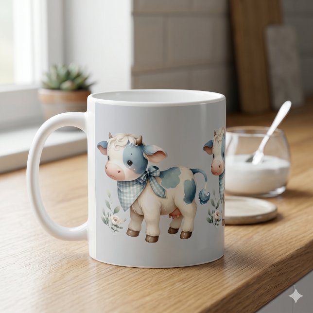 Mug Bébé Vache Gingham Bleu Pastel Esthétique Ferme (Blue Gingham Baby Cow Pastel Farm Aesthetic Coffee Mug)