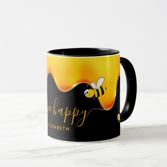 Mug Bee Happy noir mignon bourdons abeilles gouttant d (Devant droit)