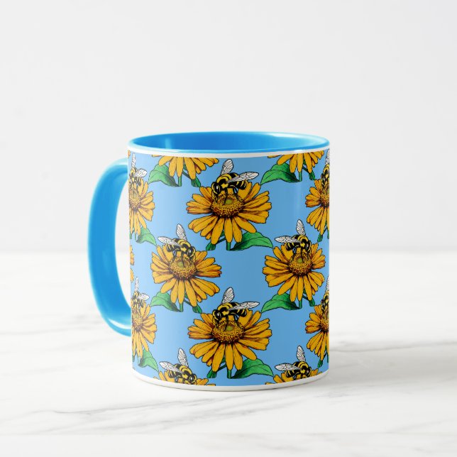 Mug Bee on Sunflower Flower Pattern Design Blue  (Devant gauche)
