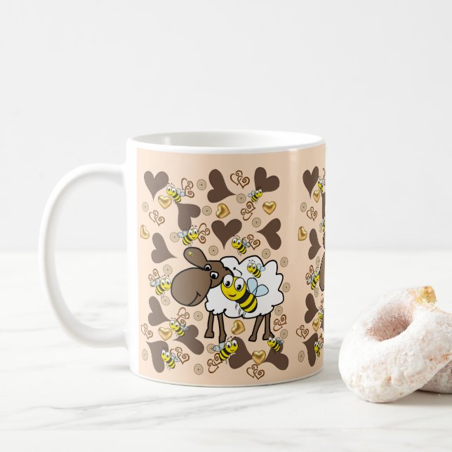Mug Beige Sheep Brown Hearts (Avec donut)