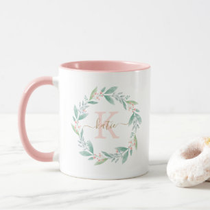 Mug Belle aquarelle Floral Wreath Monogramme