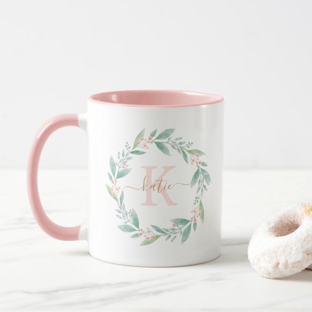 Mug Belle aquarelle Floral Wreath Monogramme (Avec donut)
