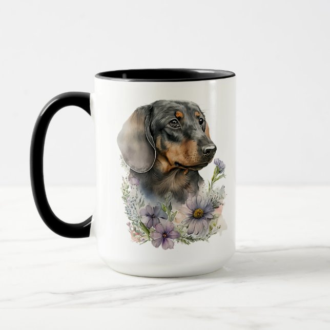 MUG BELLE COULEUR D'EAU CHIEN NOIR & TAN DACHSHUND (Gauche)