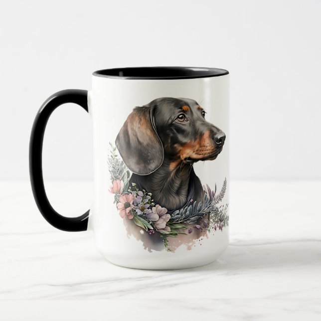 MUG BELLE COULEUR D'EAU CHIEN NOIR & TAN DACHSHUND (Gauche)