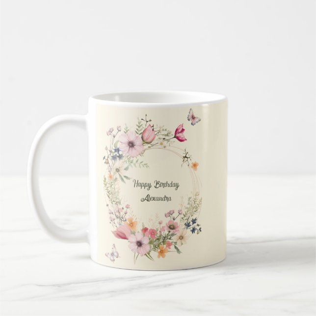 Mug Belle couronne florale et papillons Anniversaire (Gauche)