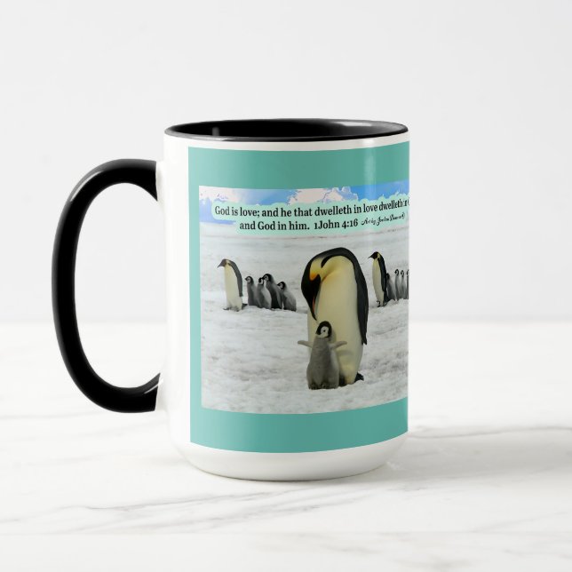 Mug Belle écriture de pingouin 1 Jean 4:16 (Gauche)