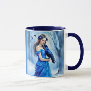 Mug Belle Femme au corbeau, dans une forêt de neige