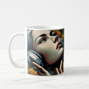 Mug Belle femme avec casque dans les tournesols