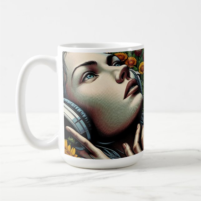 Mug Belle femme avec casque dans les tournesols (Gauche)
