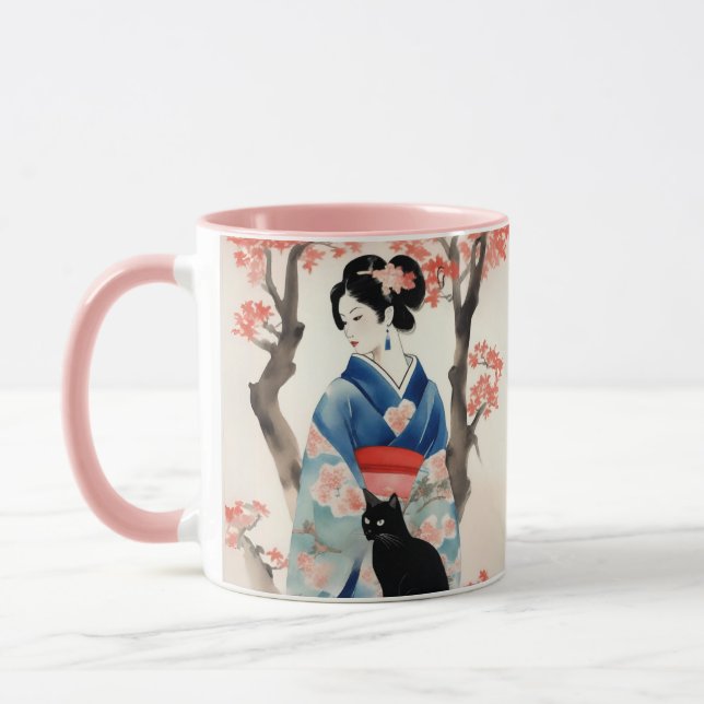 Mug Belle fille japonaise avec un chat noir (Gauche)