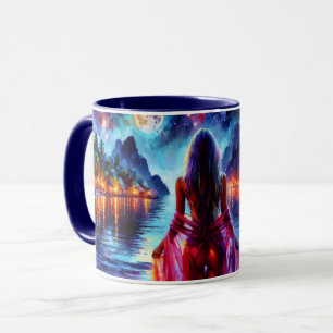 Mug Belle fille regardant l'eau nocturne lumineuse