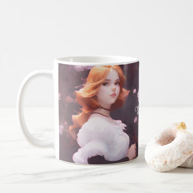 Mug Belle Jeune Fille Parmi Les Fleurs Roses Portrait (Avec donut)
