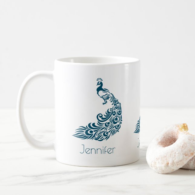Mug Belle Peacock Bleu Illustration personnalisée (Avec donut)