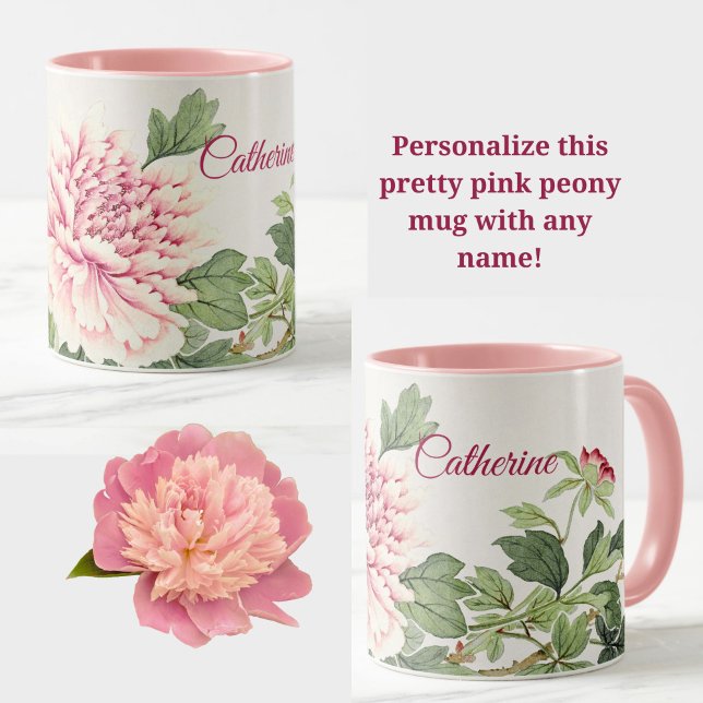 Mug Belle Peony rose Romantique Floral Nom personnalis (A personalized name mug with a pretty pink peony floral design! Very elegant!)