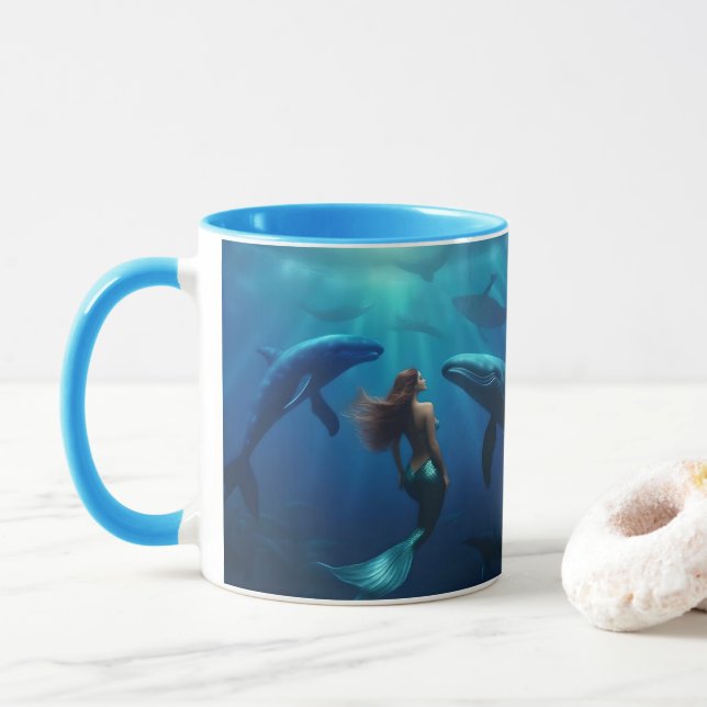 Mug Belle Sirène Nageant Avec Des Baleines À Bosse, (Avec donut)