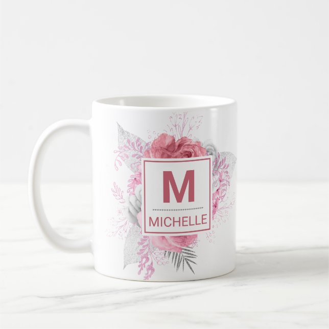 Mug Belles fleurs roses, blanches et argentées monogra (Gauche)