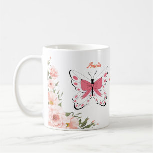 Mug Belles fleurs roses Papillons Nom Monogramme
