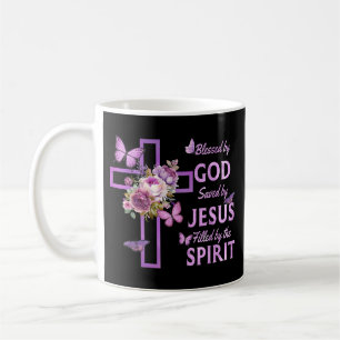 Mug Béni par Dieu sauvé par Jésus Croix Florale pourpr