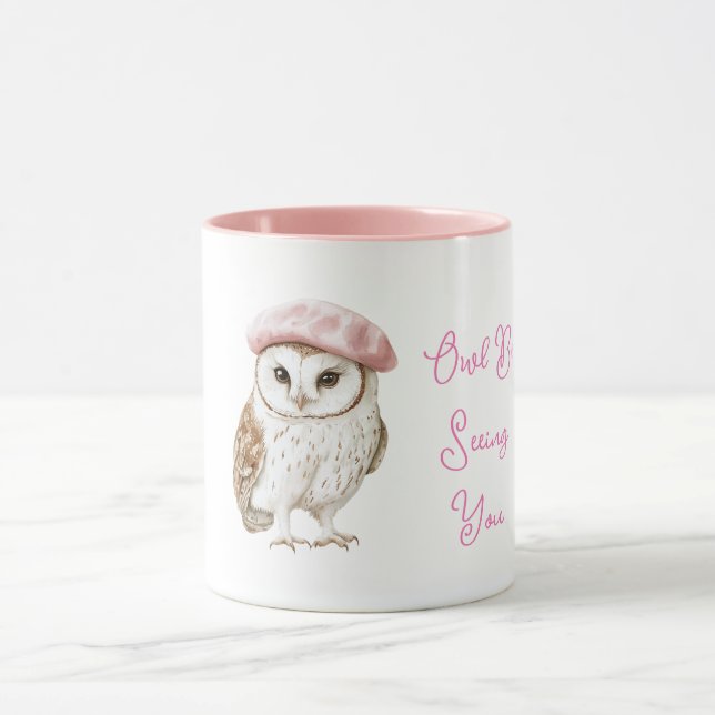Mug Bérêt Rose Chic Marron Blanc Hibou À Vous Revoir (Centre)
