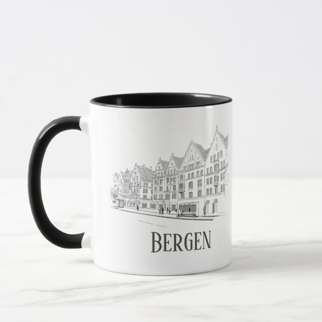 Mug Bergen Norvège Paysage Urbain Dessin au Trait Beau (Gauche)