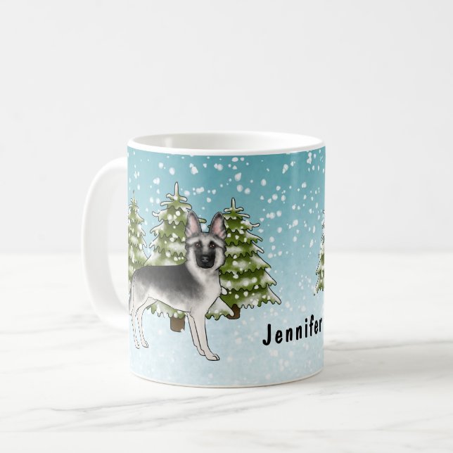 Mug Berger Allemand Argenté Forêt d'Hiver Avec Nom (Devant gauche)