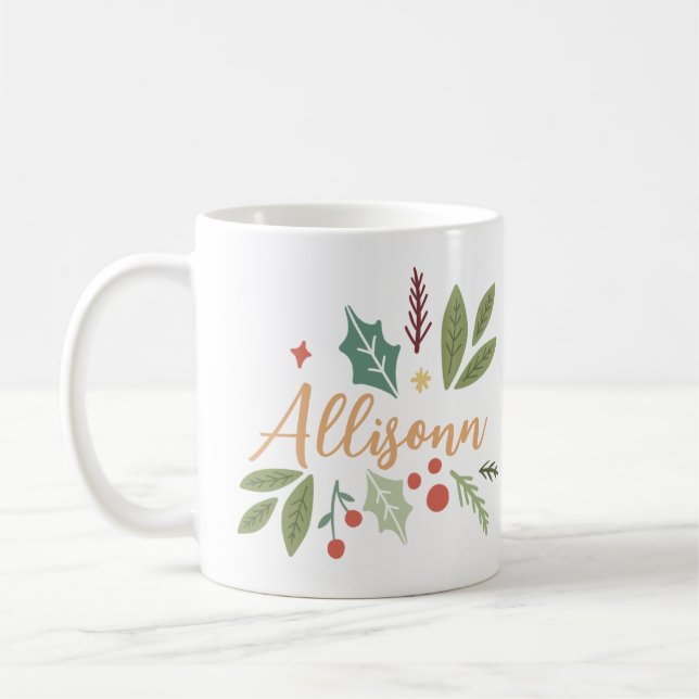 Mug Berries de Noël modernes Foliing Votre nom (Gauche)