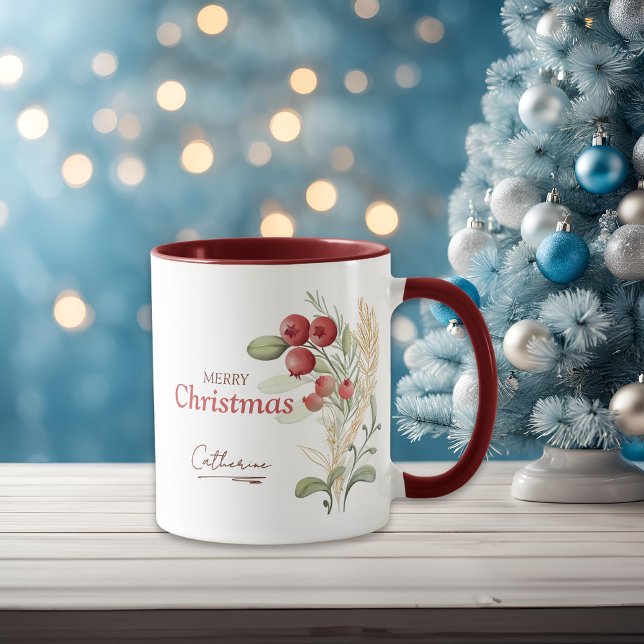 Mug Berries rouges Vert Élégant Nom Noël (Créateur téléchargé)
