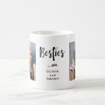 Mug Besoins | Best Friends Deux photos et Texte Modern<br><div class="desc">Cette chic tasse en noir et blanc présente deux de vos photos personnelles préférées de vous et de votre meilleur ami. Le script manuscrit moderne dit "Besties",  et a un emplacement pour chacun de vos noms avec une floraison botanique branchée.</div>