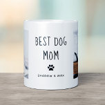 Mug Best Dog Mom | Two Photo Handwritten Text<br><div class="desc">This cute and simple mug says "Best Dog Mom" in trendy,  handwritten black text with a matching paw print and a spot for the name of your puppy. There is also room to show off two of your favorite personal photos of her pet.</div>