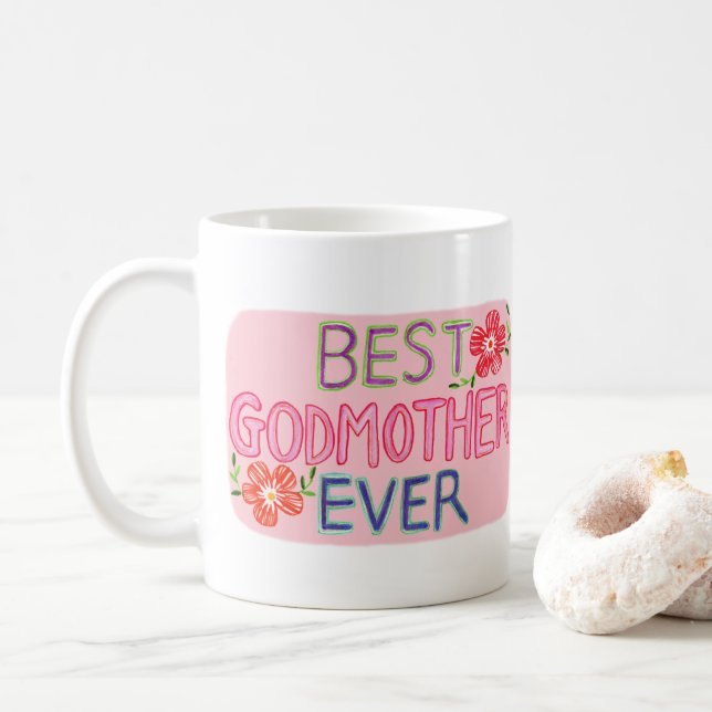 Mug Best Godmother Ever Hand-drawn lettering Gift (Avec donut)