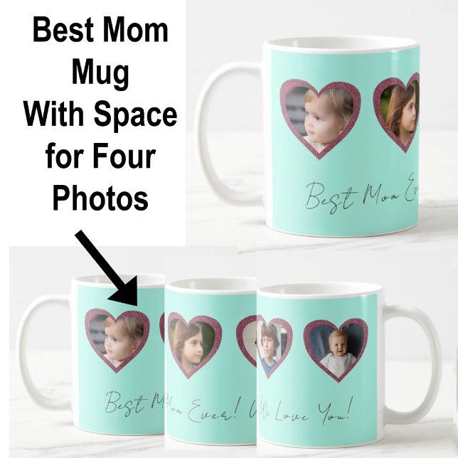 Mug Best Mom Aqua Coeurs Turquoises Four Kids Photo Co (Créateur téléchargé)