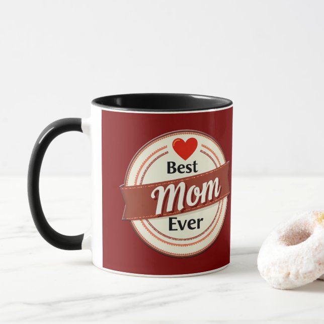 Mug Best Mom Ever Retro Ribbon Emblem (Avec donut)