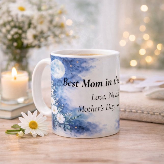 Mug Best Mom in the World Moon Floral Blue Personalize (Créateur téléchargé)
