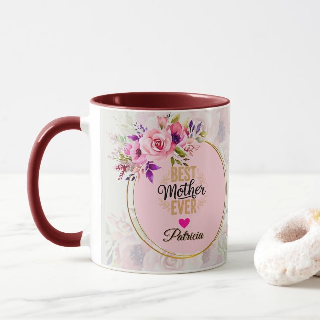 Mug Best Mother Ever - Pink Floral Custom Name (Avec donut)