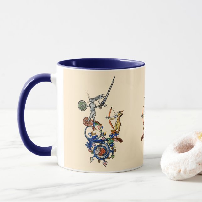 Mug BESTIAIRE MÉDIÉVAL, Lapins meurtriers avec épée (Avec donut)