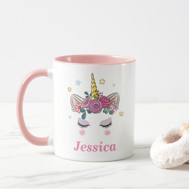 Mug bicolore rose Unicorne personnalisée (Avec donut)