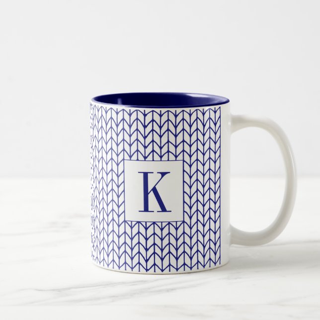 Mug bicolore tricot BLEU NAVY + Initiale (Droit)