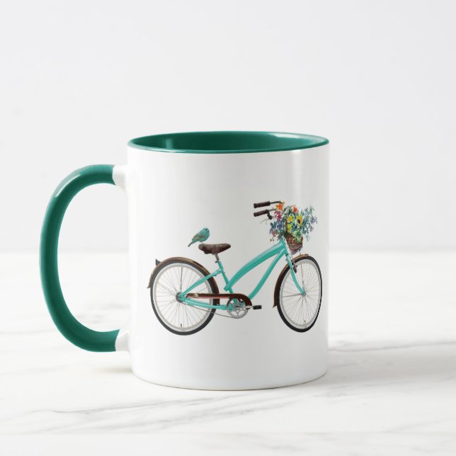 Mug Bicyclette avec panier d'oiseaux et de fleurs Bleu (Gauche)