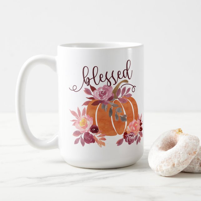 Mug Bienheureux - Citrouille d'automne avec fleurs ros (Avec donut)