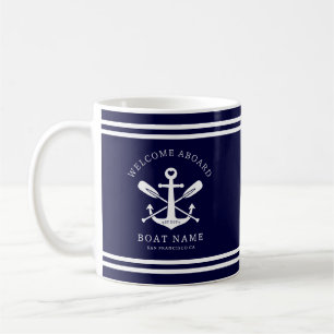Mug Bienvenue à bord Nom du bateau Ancre nautique Bl